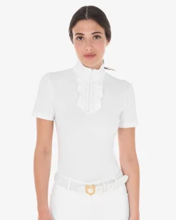 Equestro Women's Slim Fit Competition Polo Shirt With Ruffles And Rhinestones