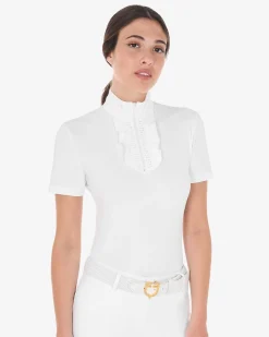 Equestro Women's Slim Fit Competition Polo Shirt With Ruffles And Rhinestones