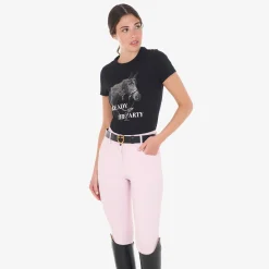 Equestro Women's Slim Fit Cotton T-Shirt Ready To Jump Print With Rhinestones
