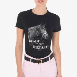 Equestro Women's Slim Fit Cotton T-Shirt Ready To Jump Print With Rhinestones