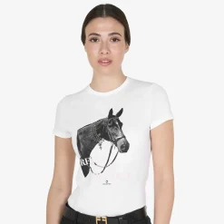 Equestro Women's Slim Fit Cotton T-Shirt Ready To Jump Print With Rhinestones