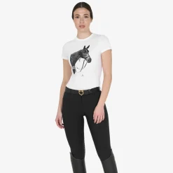 Equestro Women's Slim Fit Cotton T-Shirt Ready To Jump Print With Rhinestones