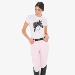 Equestro Women's Slim Fit Cotton T-Shirt Ready To Jump Print With Rhinestones