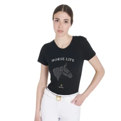 Equestro Women's Slim Fit T-Shirt Horse Life With Rhinestone