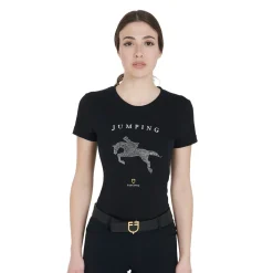 Equestro Women's Slim Fit T-Shirt Jumping With Rhinestone