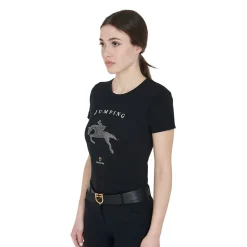 Equestro Women's Slim Fit T-Shirt Jumping With Rhinestone